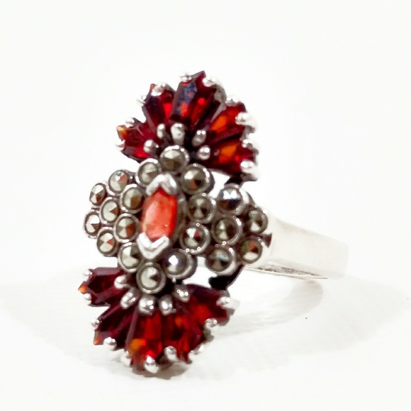 Antique Victorian Garnet & Marcasite Sterling Silver Ring-6 - Picture 2 of 8